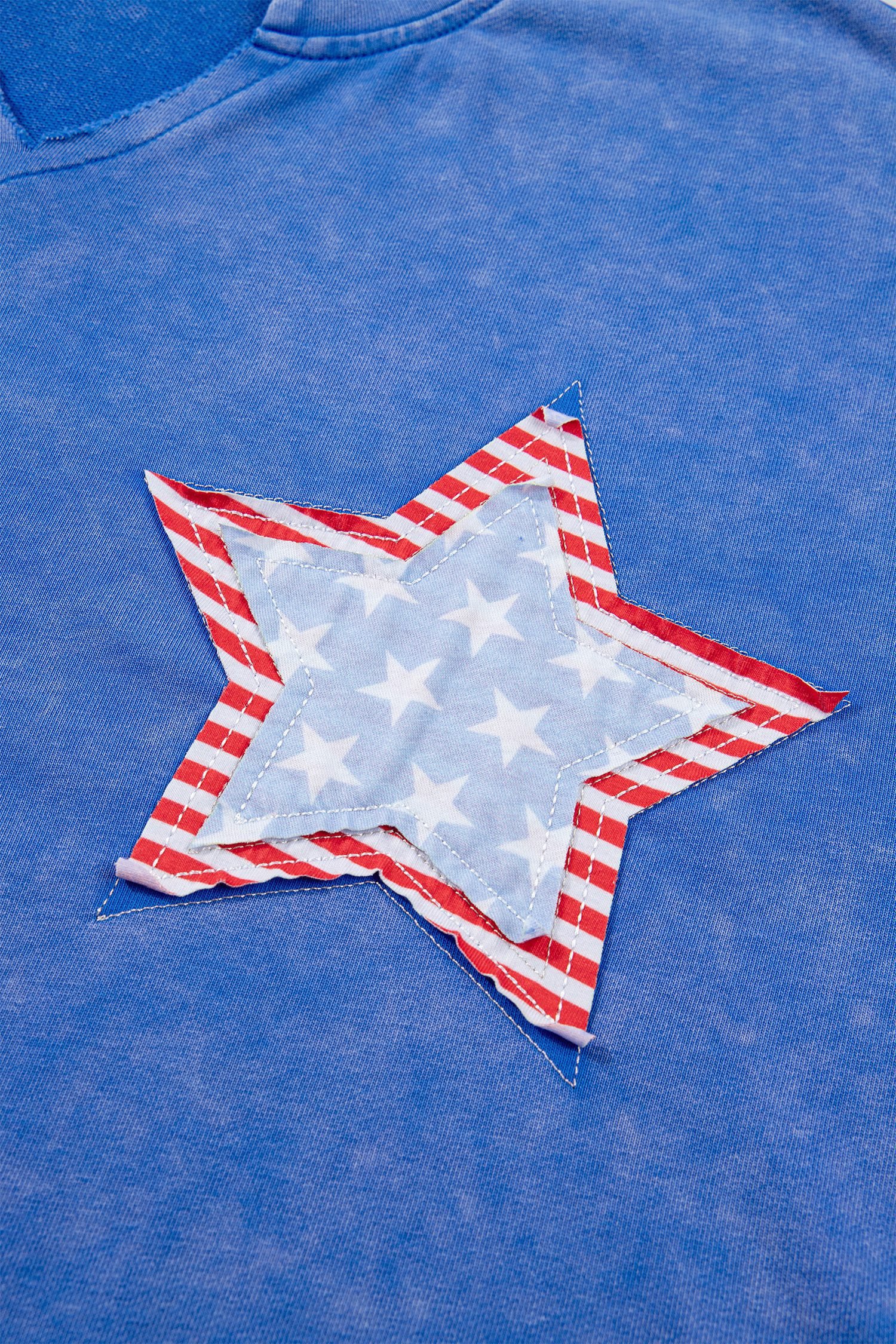 Sky Blue Patriot Star Patched Notched Neck Mineral Washed Tee