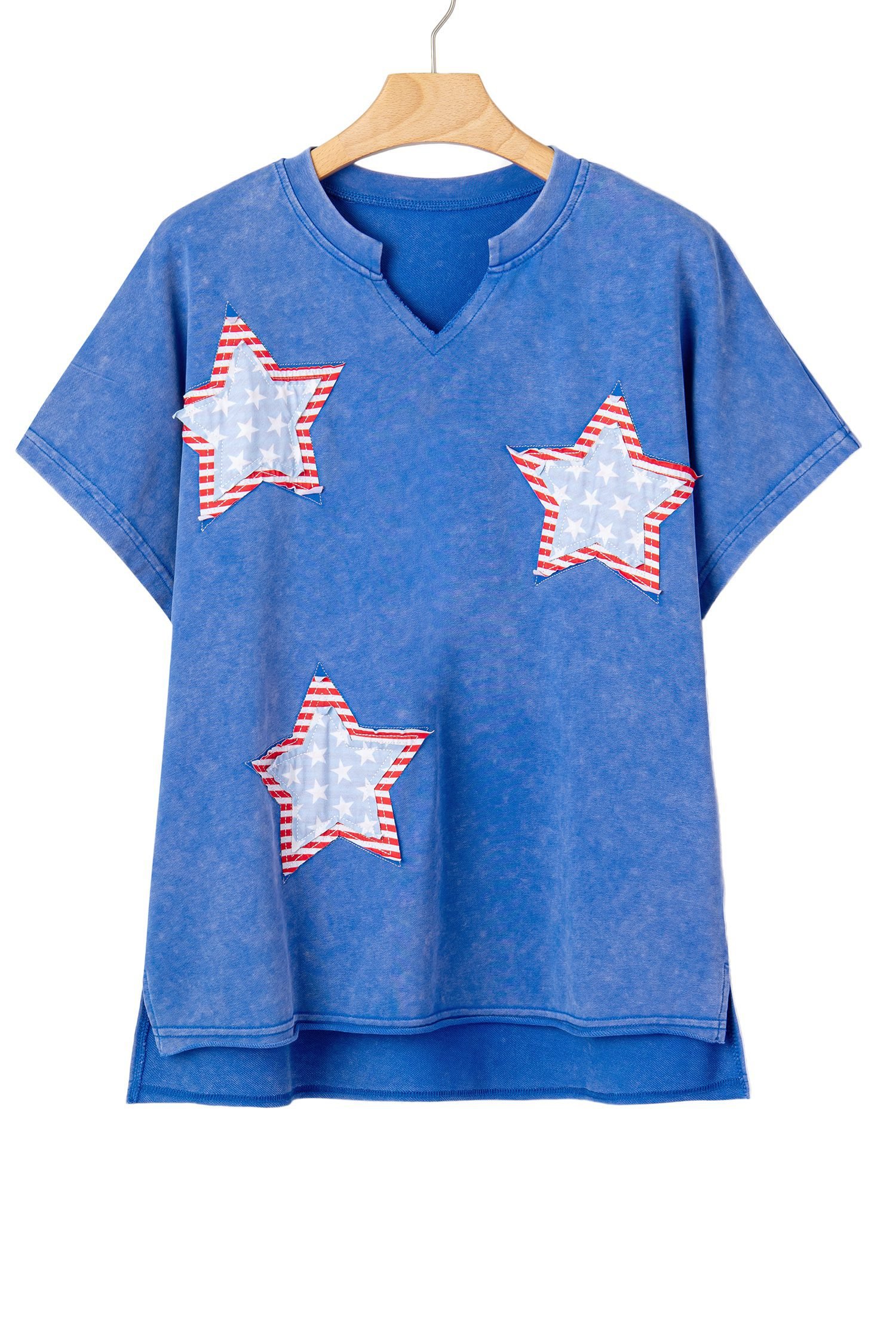 Sky Blue Patriot Star Patched Notched Neck Mineral Washed Tee