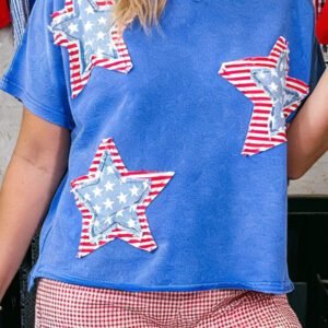 Sky Blue Patriot Star Patched Notched Neck Mineral Washed Tee
