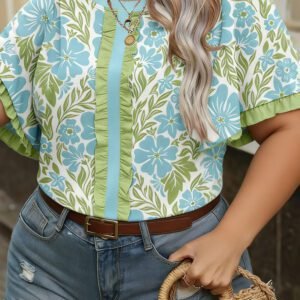 Sky Blue Plus Size Floral Print Frilled Color Block Trim Short Sleeve Blouse