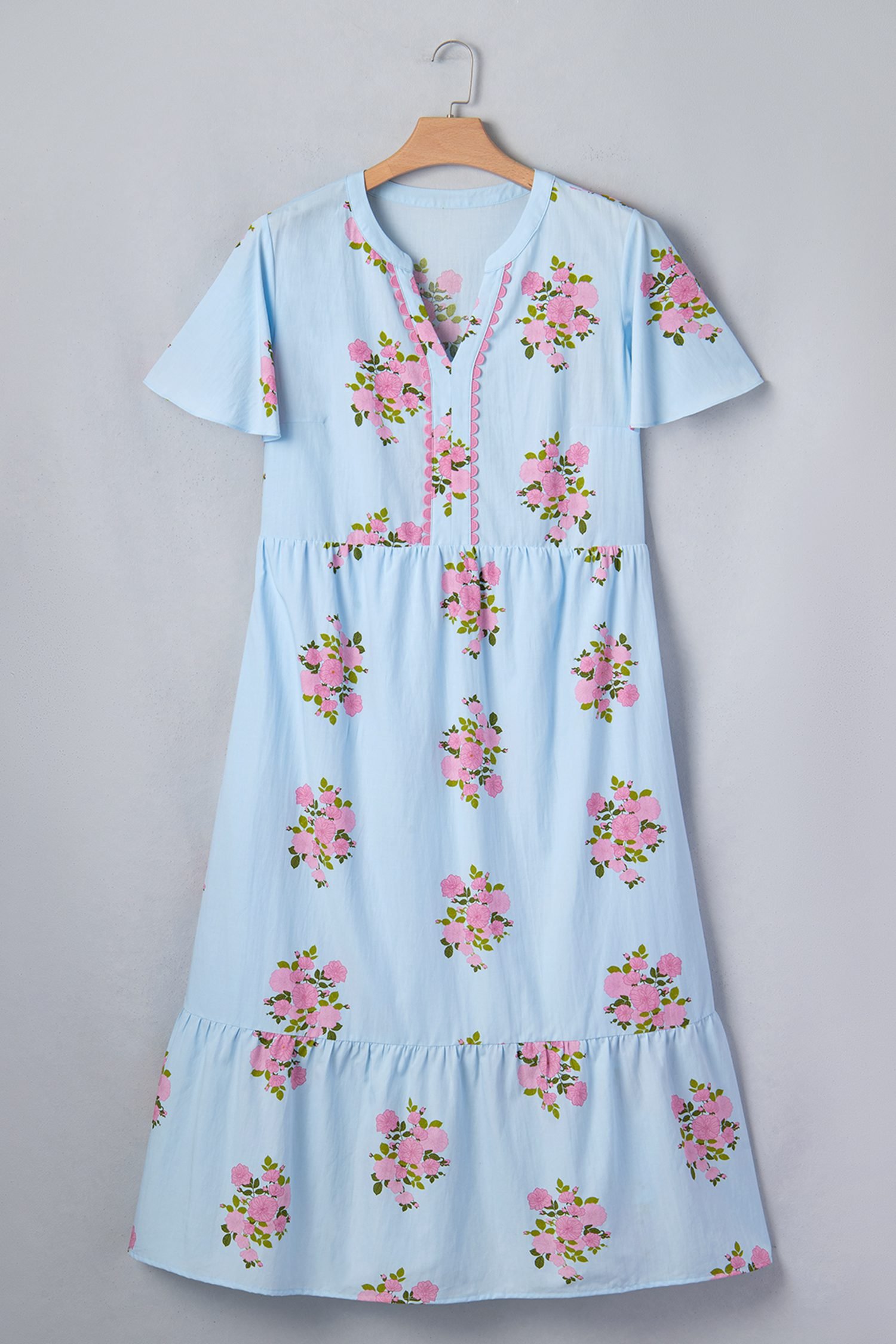 Sky Blue Plus Size Floral Print Scalloped Trim V-Neck Dress