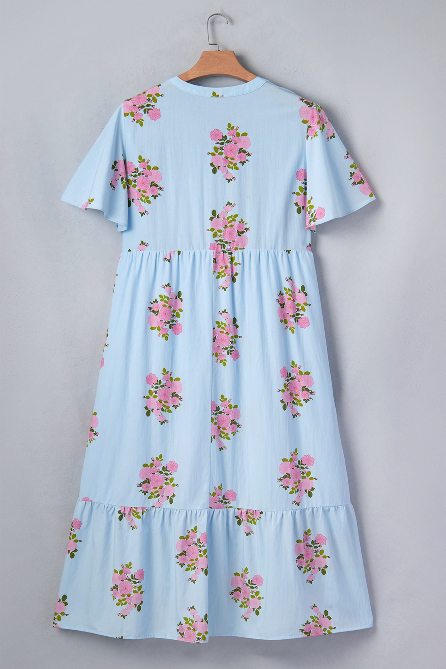 Sky Blue Plus Size Floral Print Scalloped Trim V-Neck Dress