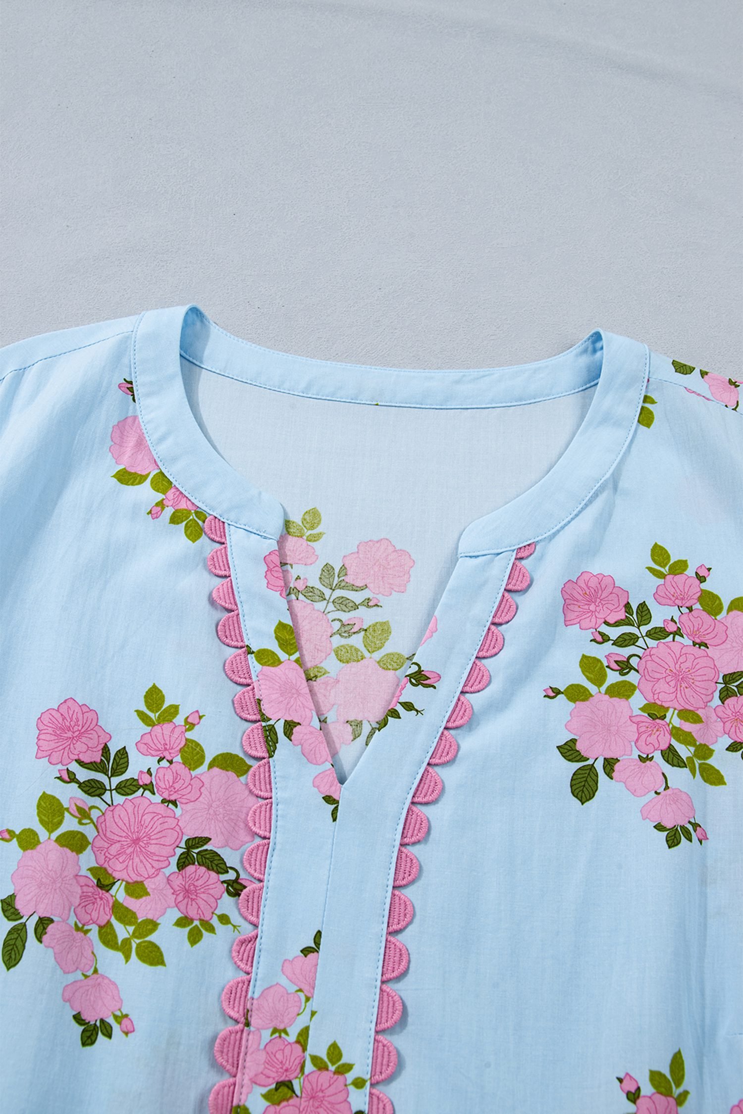Sky Blue Plus Size Floral Print Scalloped Trim V-Neck Dress