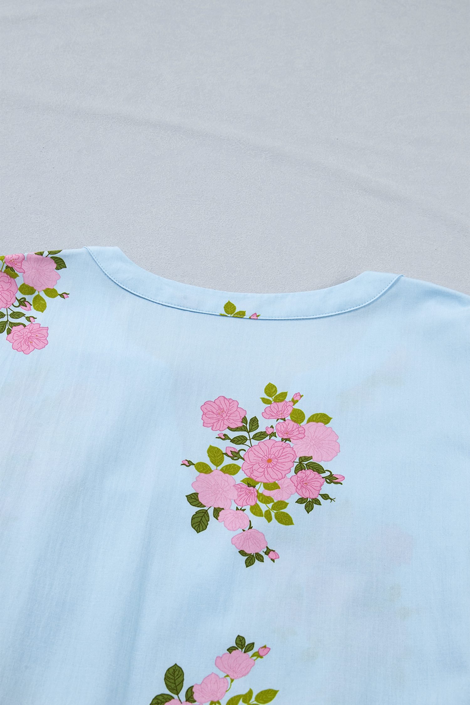 Sky Blue Plus Size Floral Print Scalloped Trim V-Neck Dress