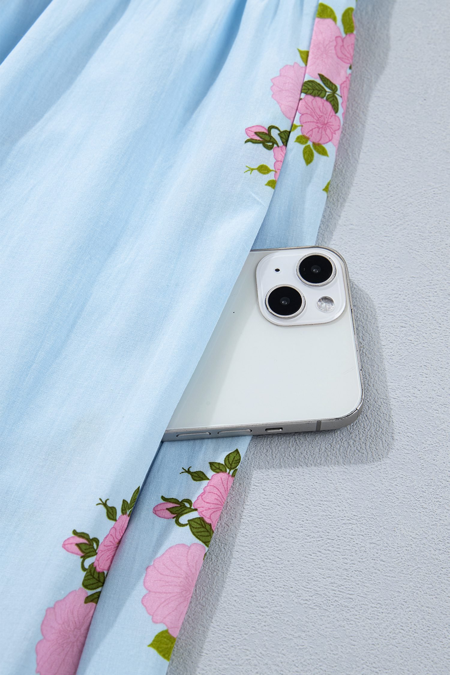 Sky Blue Plus Size Floral Print Scalloped Trim V-Neck Dress