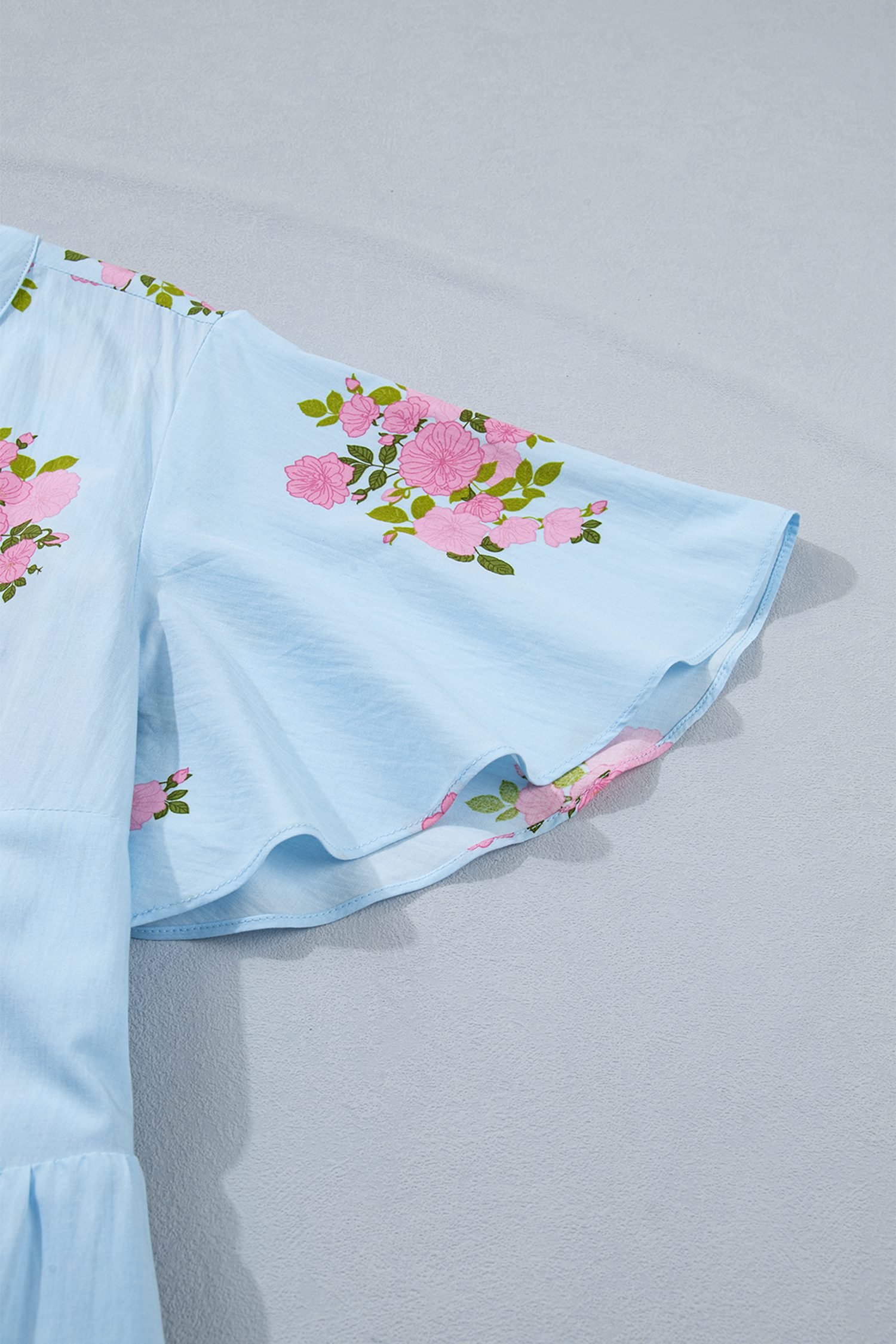 Sky Blue Plus Size Floral Print Scalloped Trim V-Neck Dress