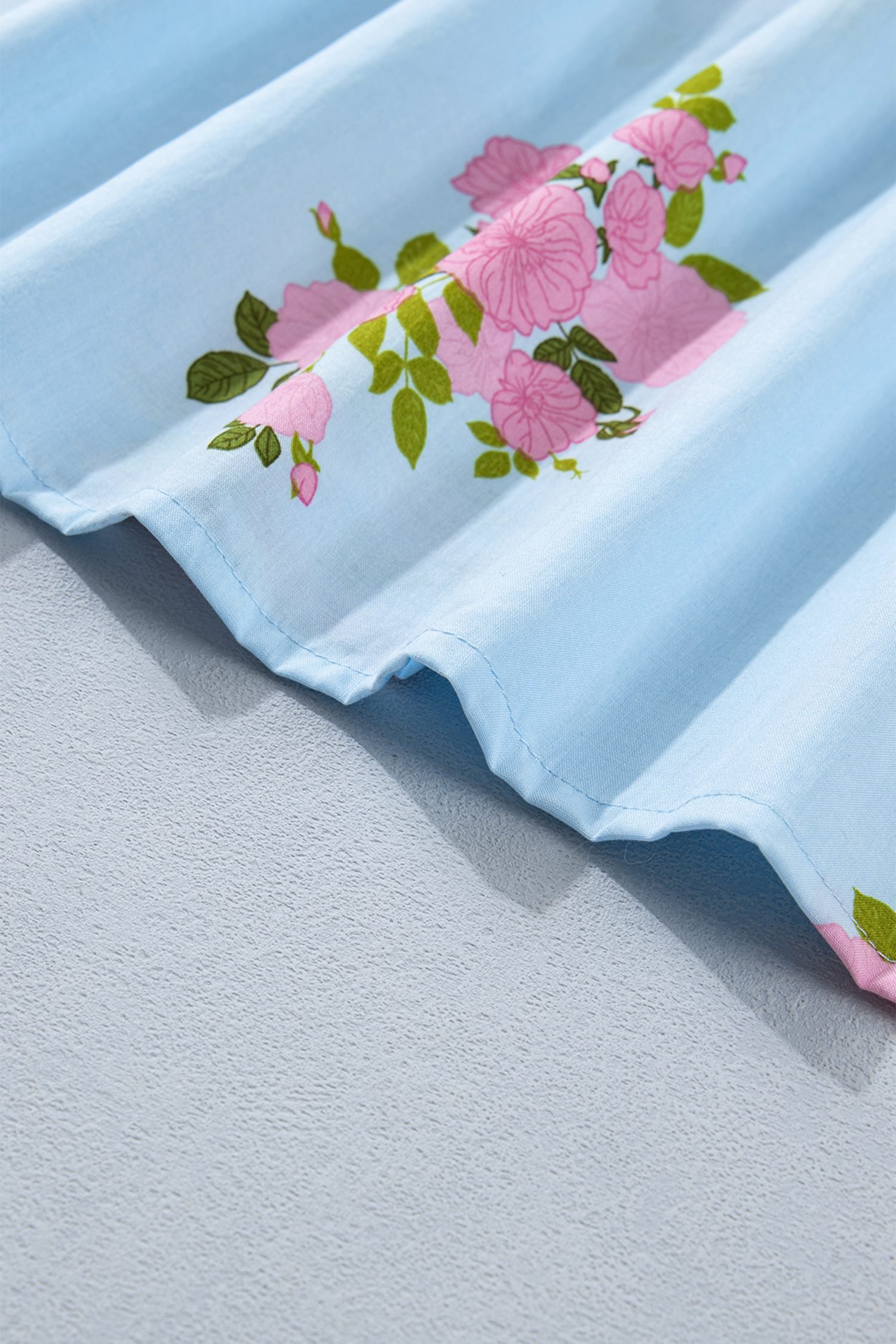 Sky Blue Plus Size Floral Print Scalloped Trim V-Neck Dress