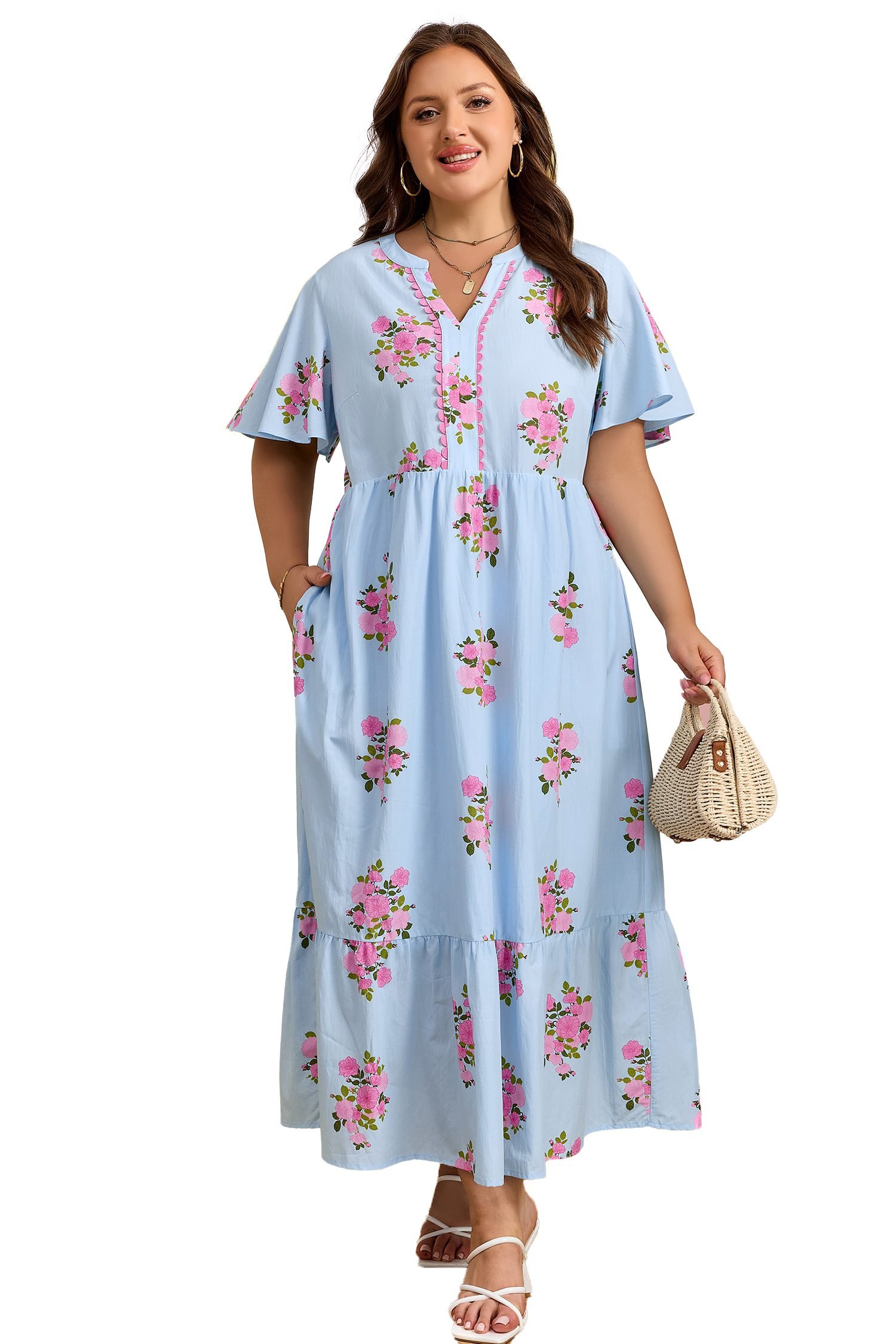 Sky Blue Plus Size Floral Print Scalloped Trim V-Neck Dress