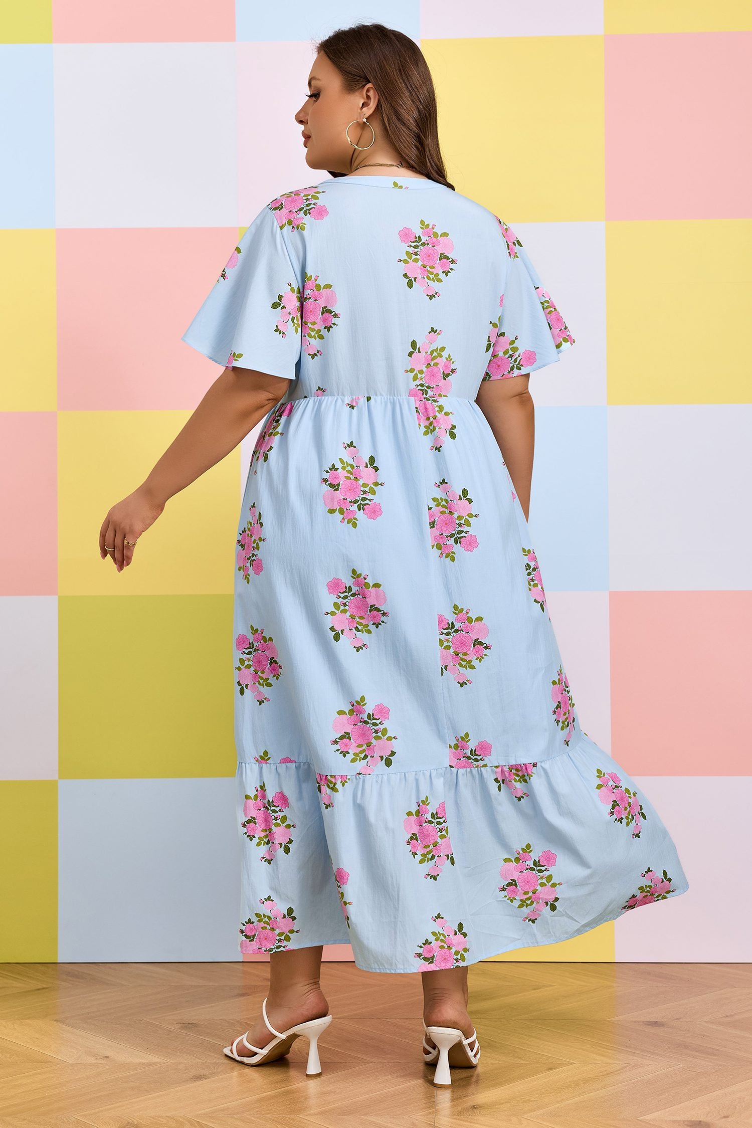 Sky Blue Plus Size Floral Print Scalloped Trim V-Neck Dress