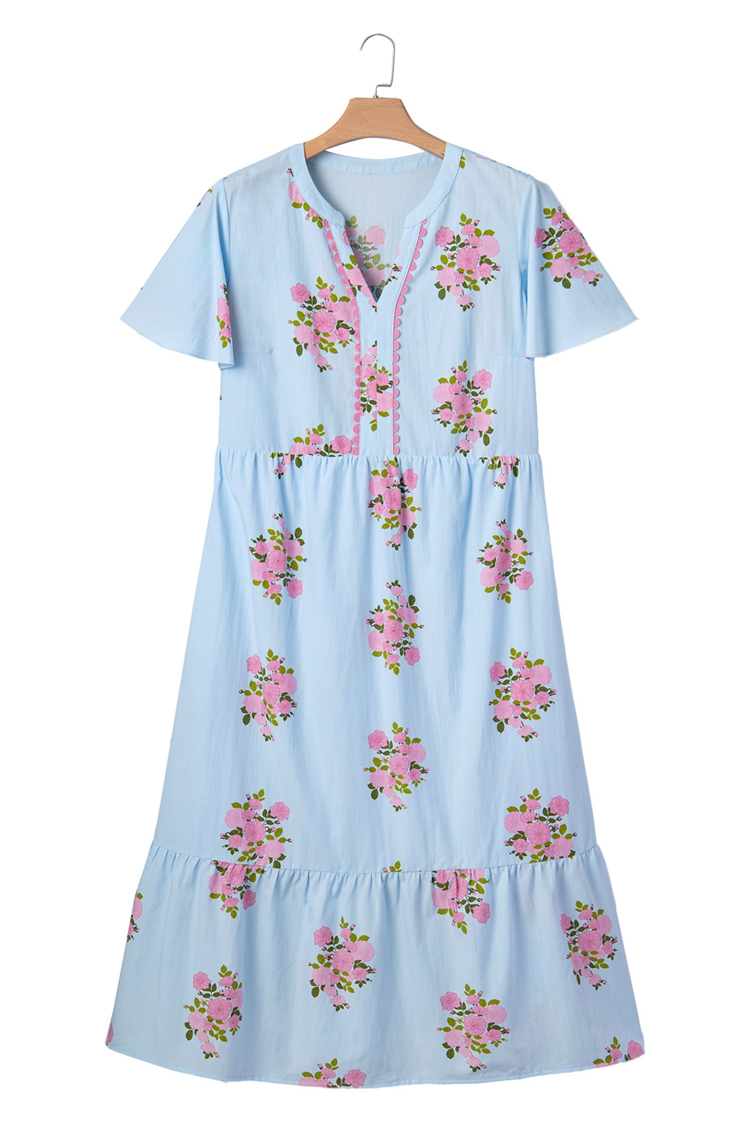 Sky Blue Plus Size Floral Print Scalloped Trim V-Neck Dress