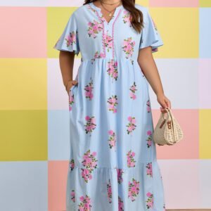Sky Blue Plus Size Floral Print Scalloped Trim V-Neck Dress