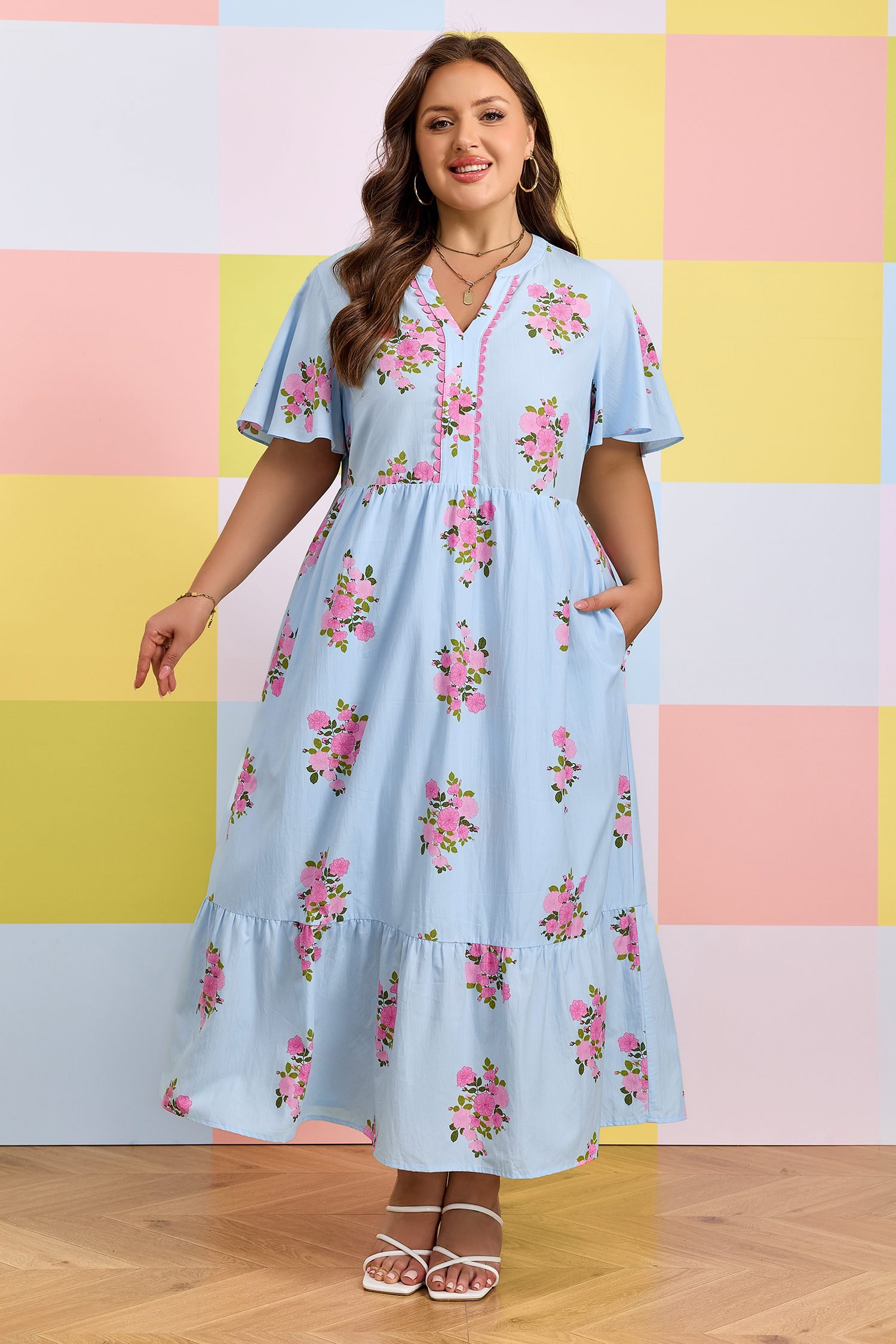 Sky Blue Plus Size Floral Print Scalloped Trim V-Neck Dress