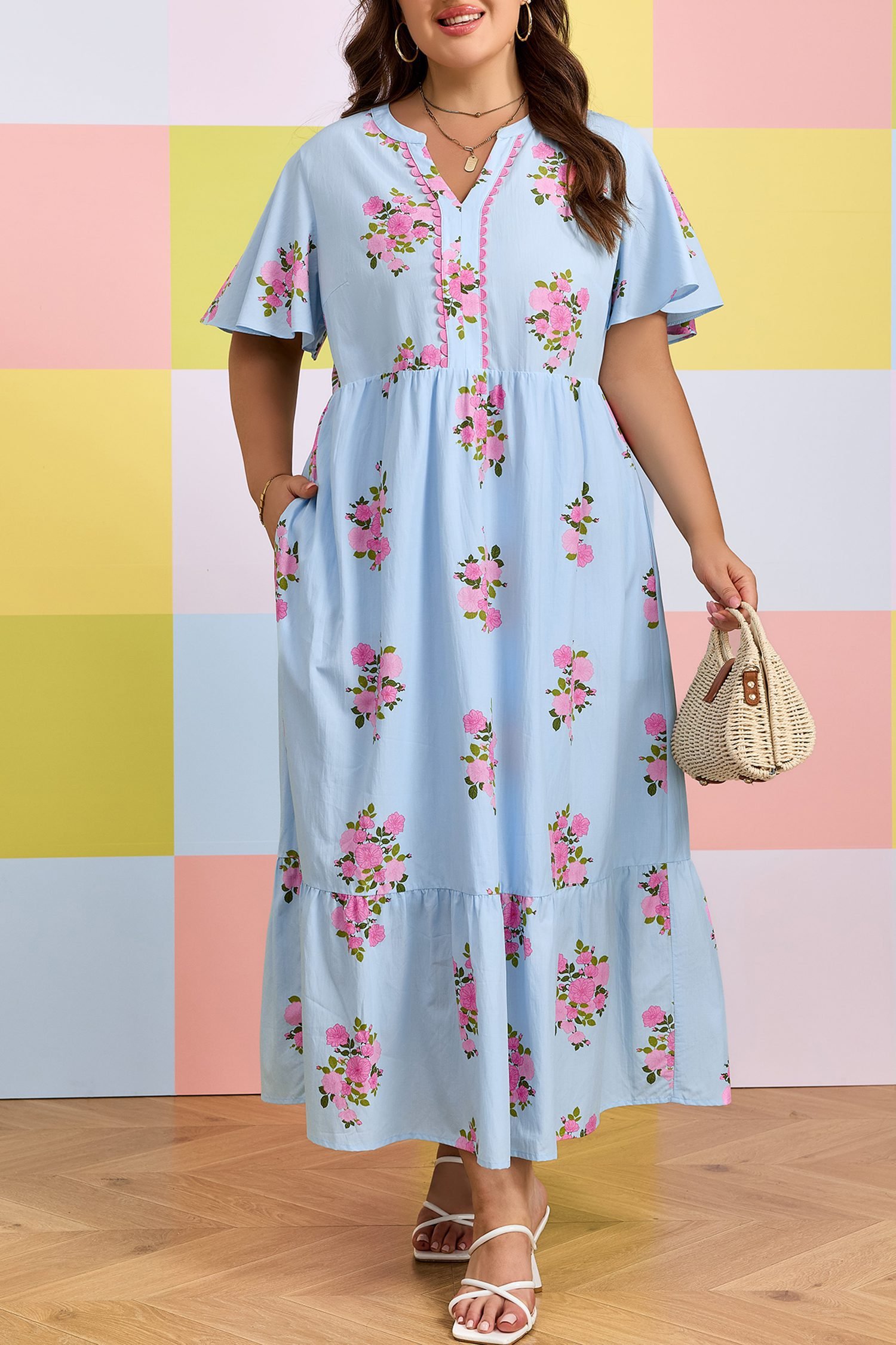 Sky Blue Plus Size Floral Print Scalloped Trim V-Neck Dress