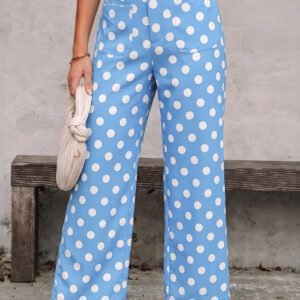 Sky Blue Polka Dot Print Patched Pocket Mid-rise Straight Leg Pants