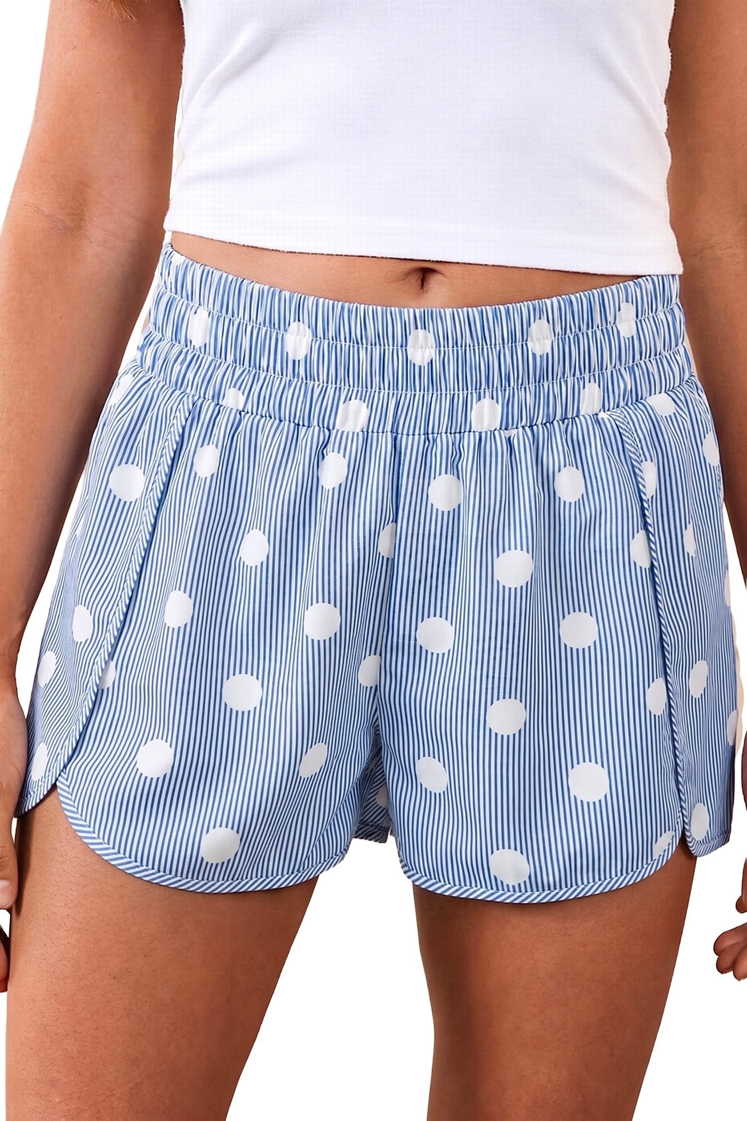 Sky Blue Polka Dot Print Shirred High Waist Casual Shorts