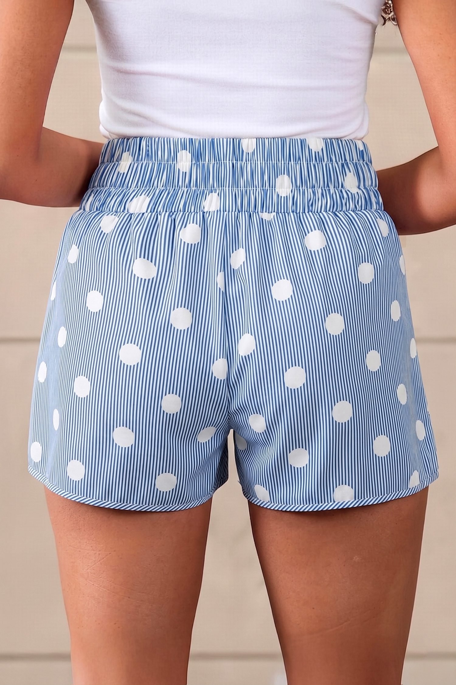 Sky Blue Polka Dot Print Shirred High Waist Casual Shorts
