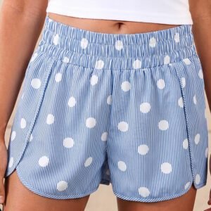 Sky Blue Polka Dot Print Shirred High Waist Casual Shorts