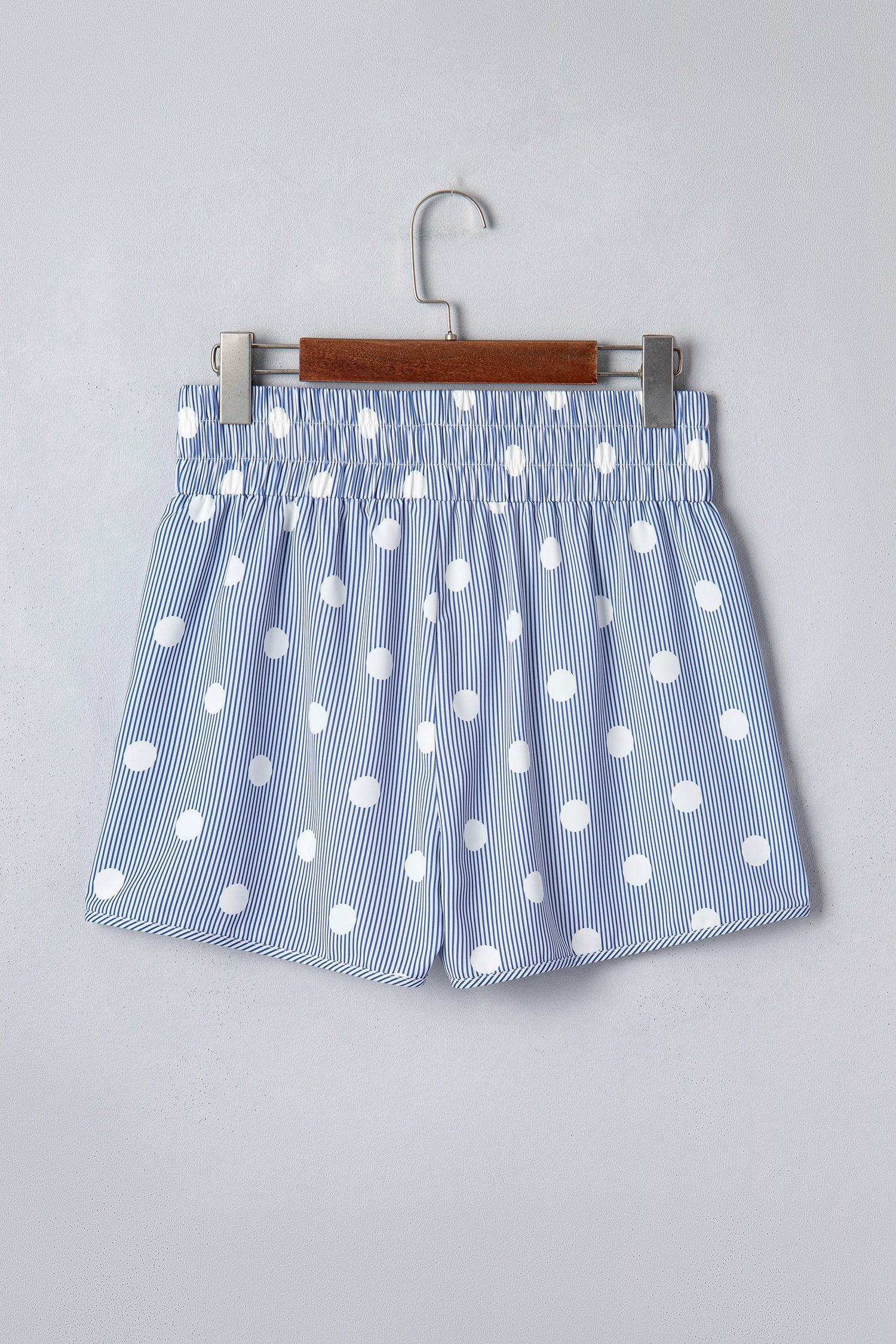 Sky Blue Polka Dot Print Shirred High Waist Casual Shorts