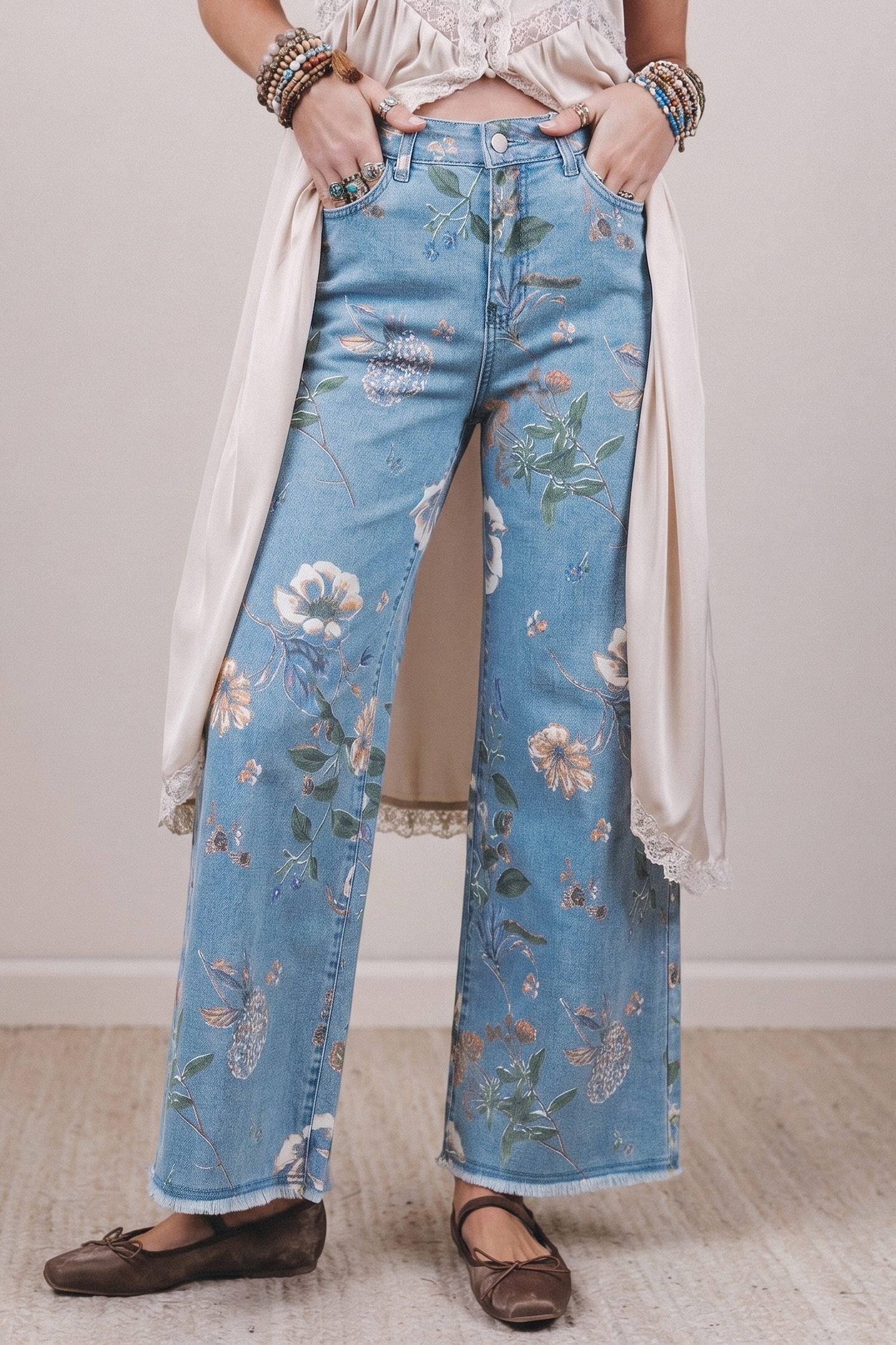 Sky Blue Retro Floral Print Frayed Hem Shift Jeans