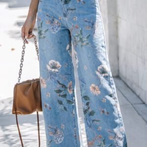 Sky Blue Retro Floral Print Frayed Hem Shift Jeans