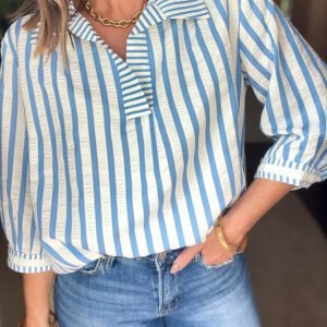 Sky Blue Stripe 3/4 Sleeve Collared Neck Blouse