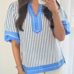 Sky Blue Stripe Color Block Detail V Neck Short Sleeve Blouse