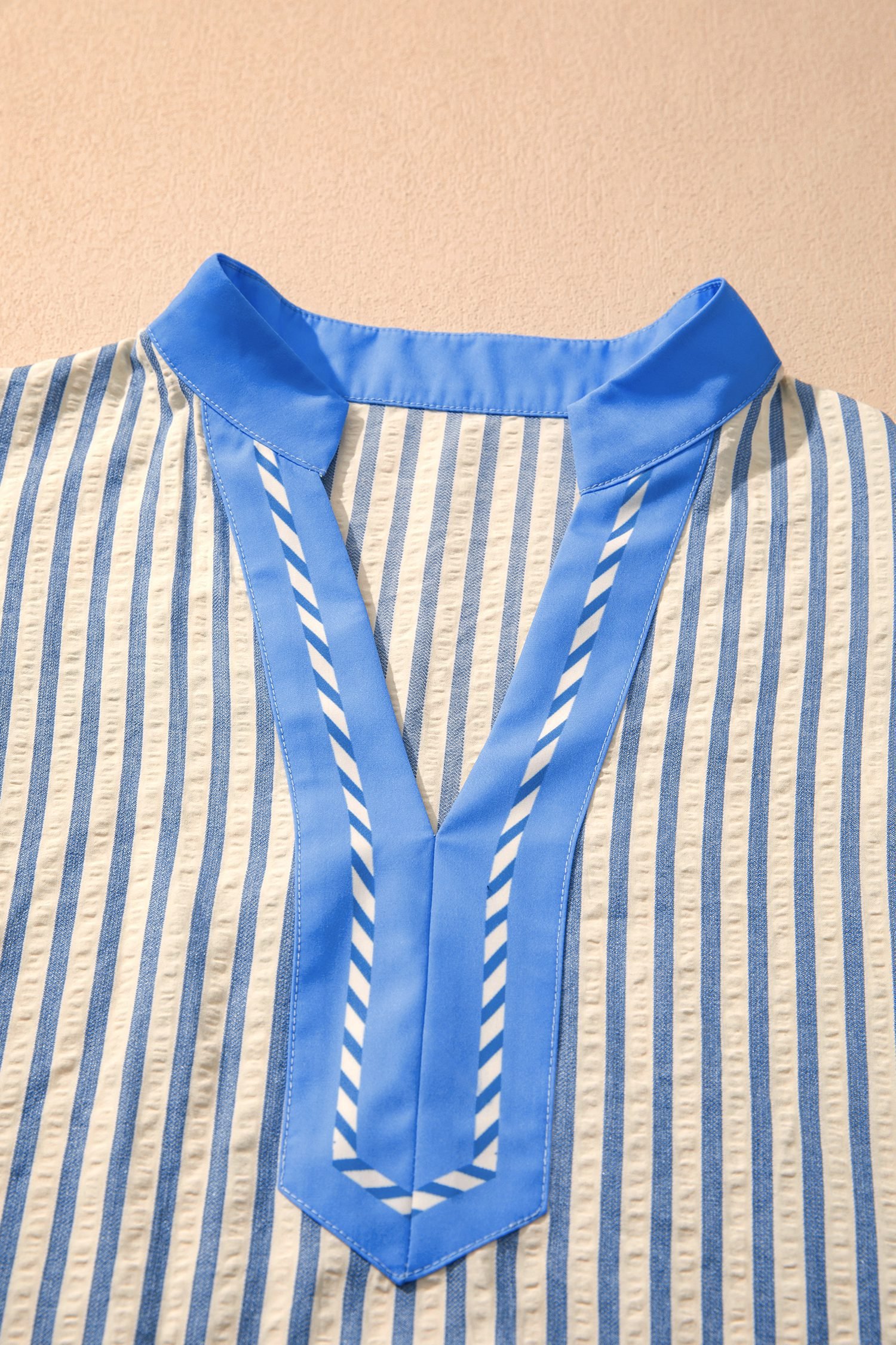 Sky Blue Stripe Color Block Detail V Neck Short Sleeve Blouse