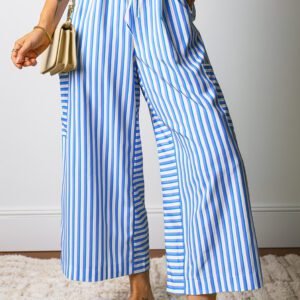 Sky Blue Stripe Drawstring Elastic Waist Patch Pocket Wide Leg Ankle-length Pants