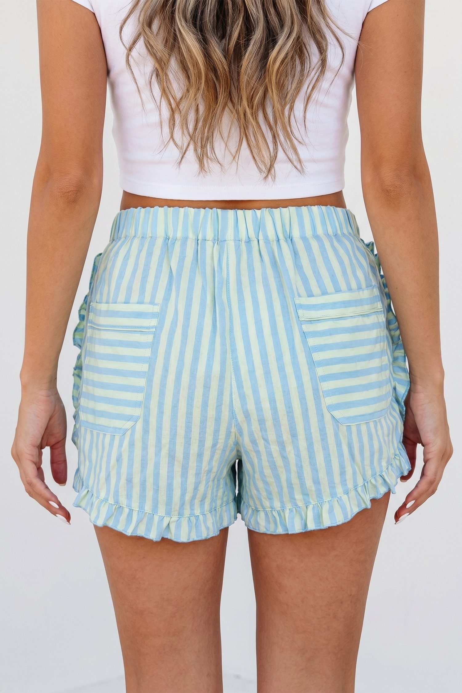 Sky Blue Stripe Elastic Waist Ruffle Trim Casual Shorts