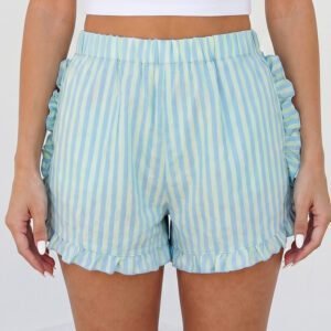 Sky Blue Stripe Elastic Waist Ruffle Trim Casual Shorts