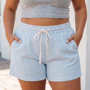 Sky Blue Stripe Plus Size Contrast Drawstring Elastic Waist Denim Shorts