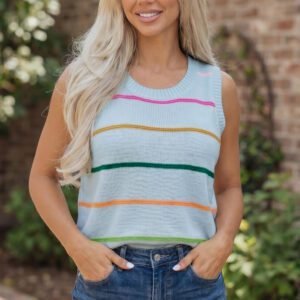 Sky Blue Stripe Round Neck Knitted Sweater Tank
