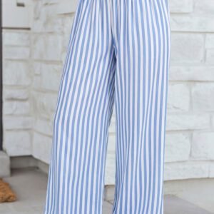 Sky Blue Stripe Shirred High Waist Loose Summer Pants