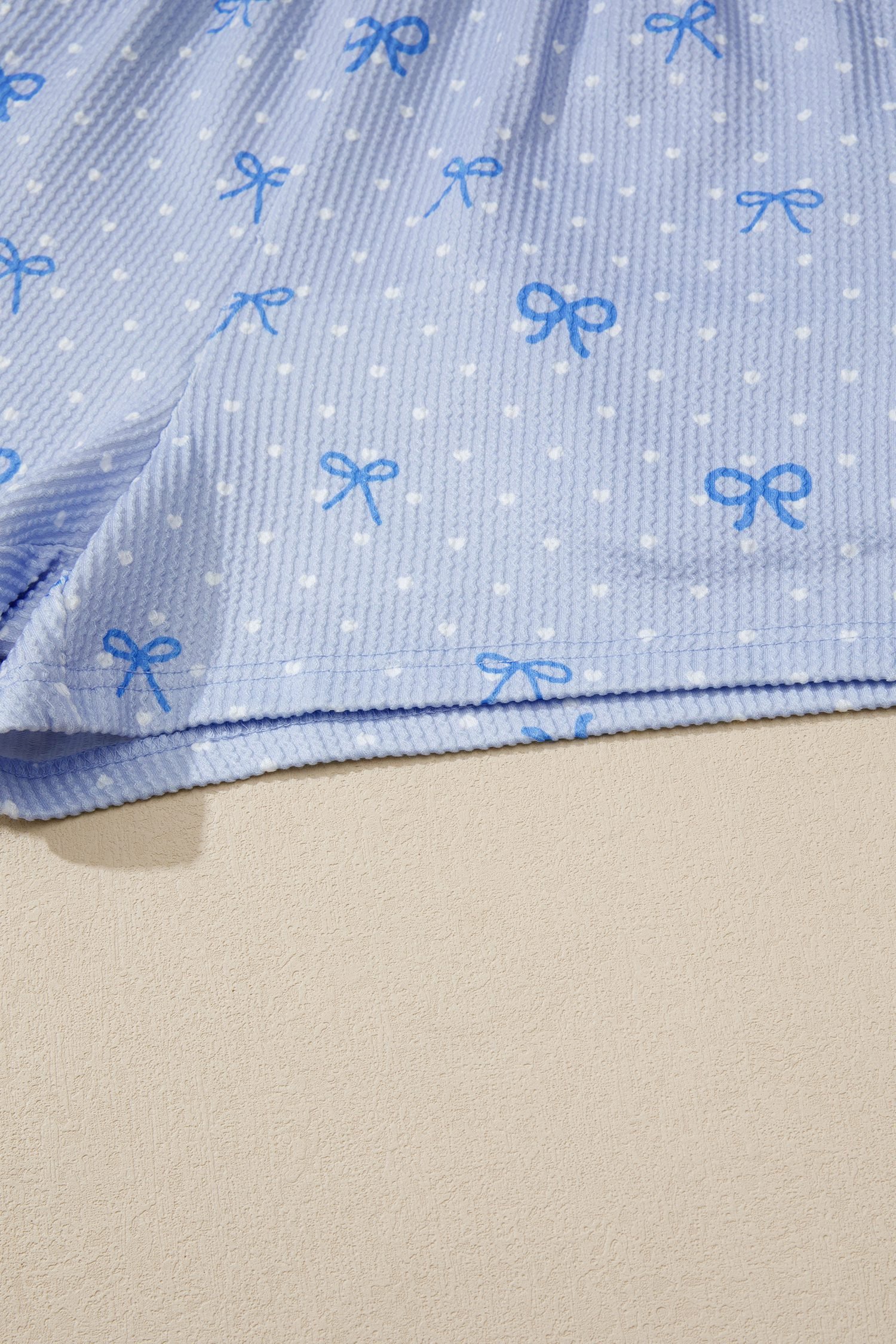 Sky Blue Tiny Heart Bow Print Twisted Rib Loose 2pcs Short Set