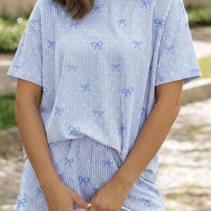 Sky Blue Tiny Heart Bow Print Twisted Rib Loose 2pcs Short Set