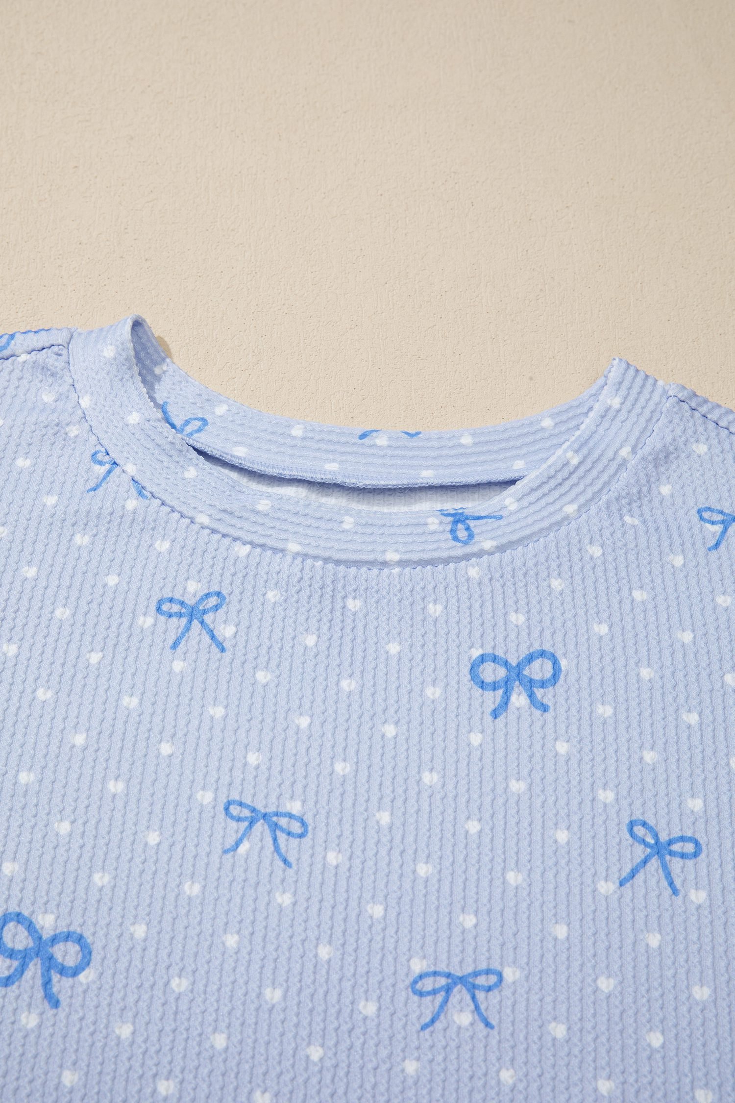 Sky Blue Tiny Heart Bow Print Twisted Rib Loose 2pcs Short Set