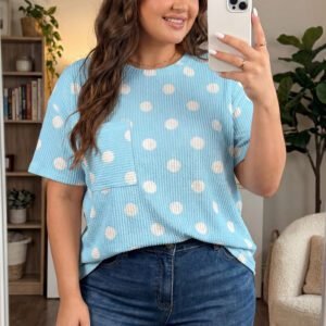 Sky Blue Twisted Rib Polka Dot Print Plus Size T Shirt