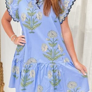 Sky Blue Wild Floral Print Scalloped Embroidery Trim V Neck Drop Waist Mini Dress