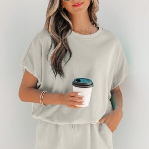 Smoke Gray Solid Color Puffy Loose Top Drawstring Shorts 2pcs Outfit