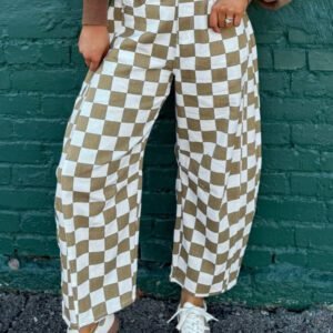 White Checkered Print Denim Barrel Pants