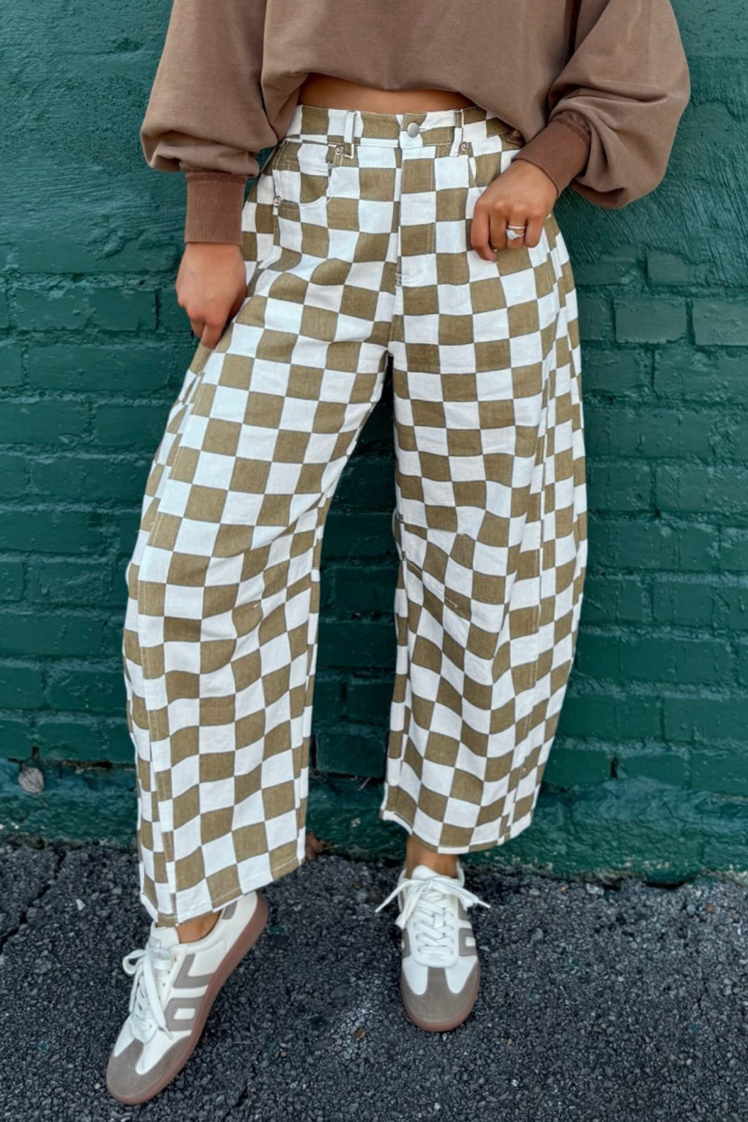White Checkered Print Denim Barrel Pants