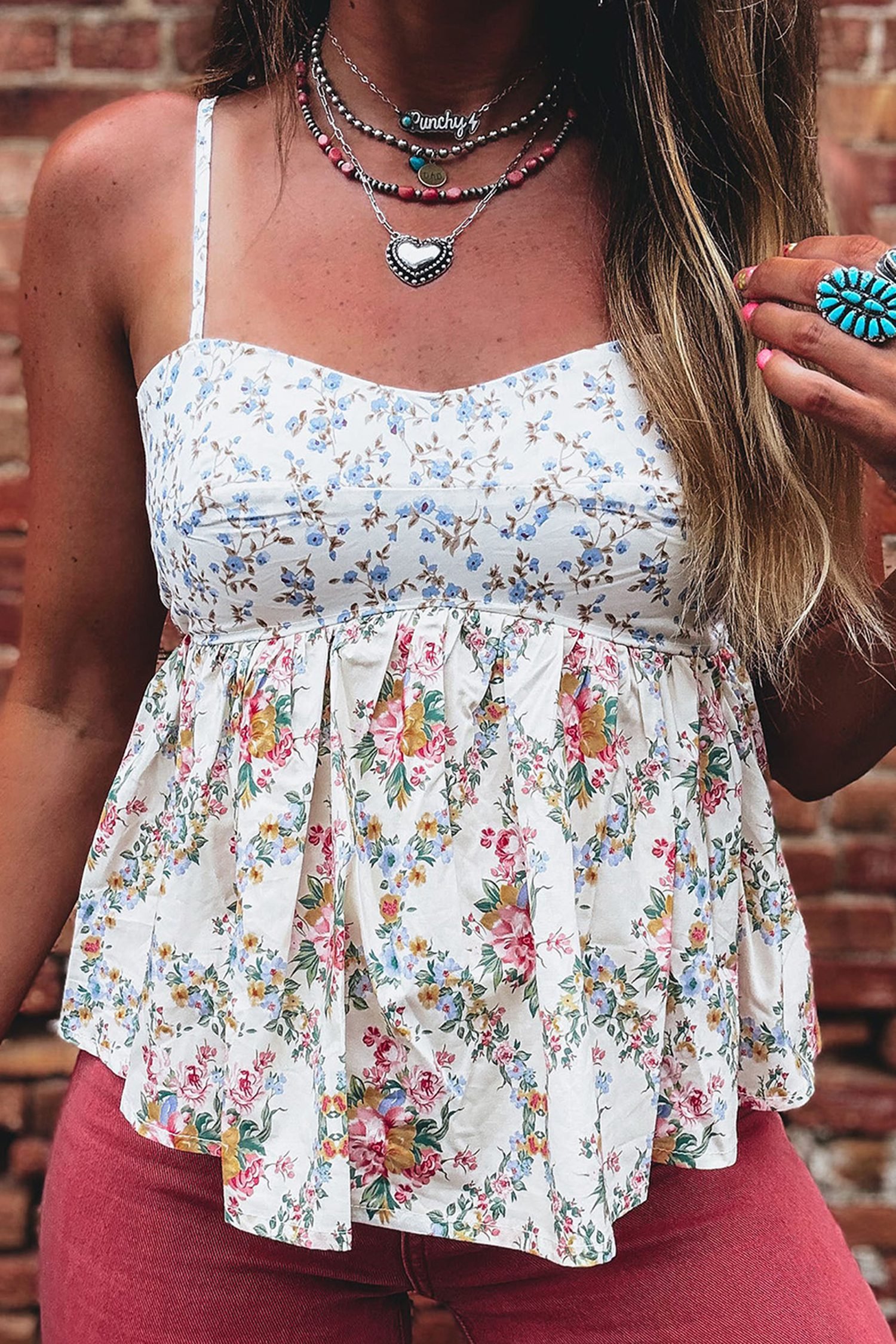 White Contrast Floral Printed Patchwork Spaghetti Straps Babydoll Top