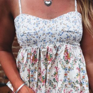 White Contrast Floral Printed Patchwork Spaghetti Straps Babydoll Top