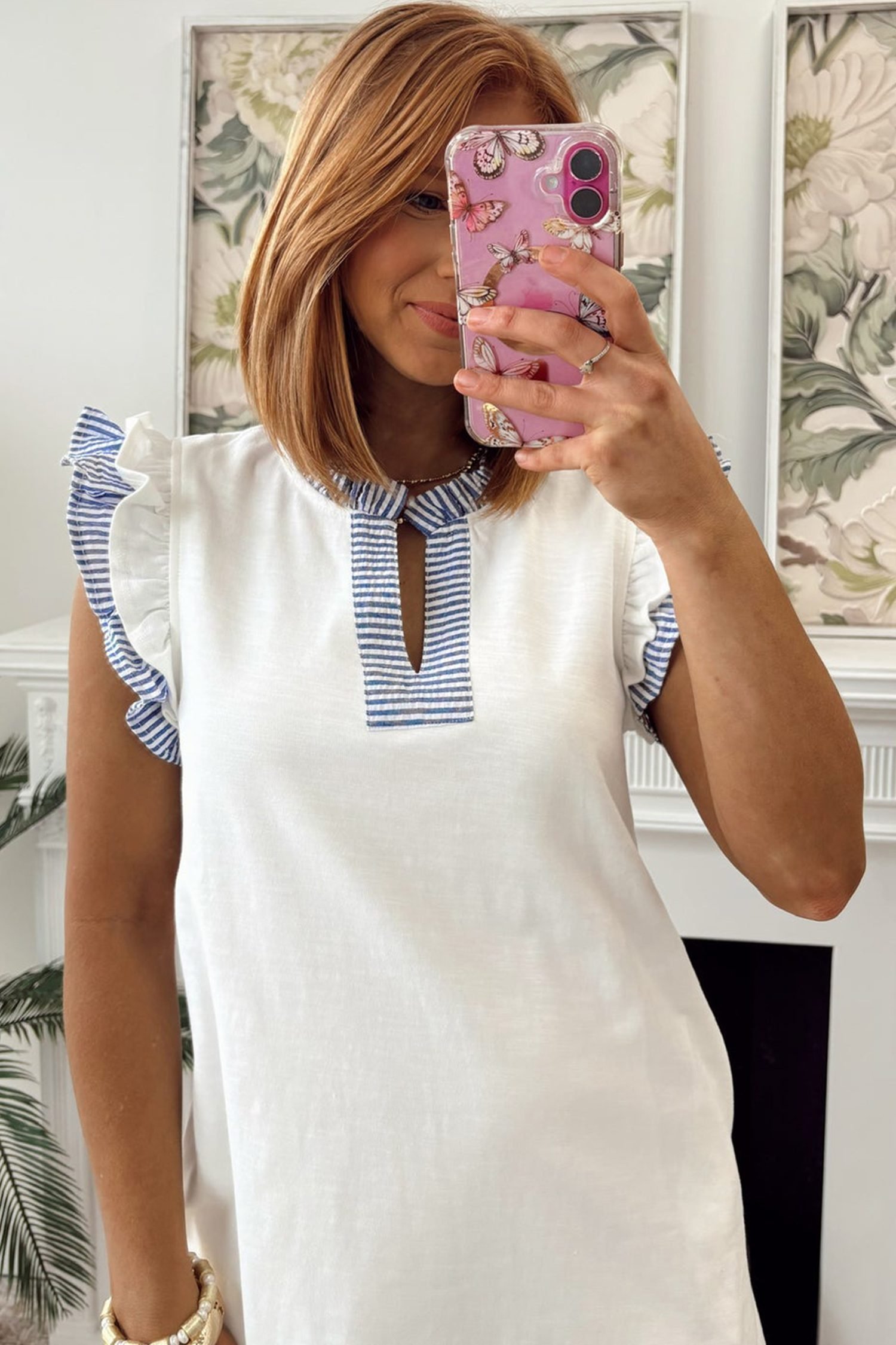 White Contrasted Striped Patchwork Split Neck Ruffle Trim Sleeveless Dress