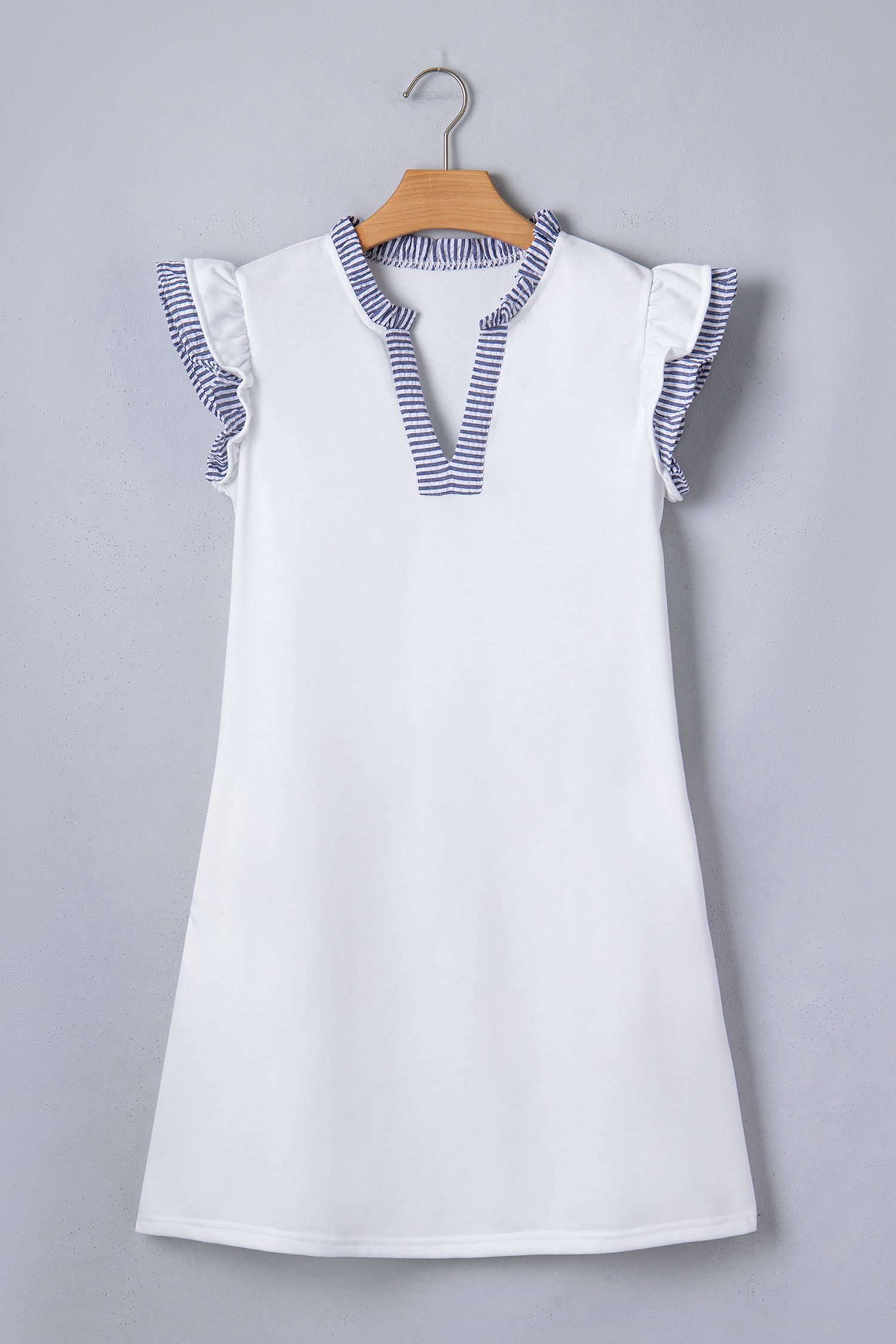 White Contrasted Striped Patchwork Split Neck Ruffle Trim Sleeveless Dress