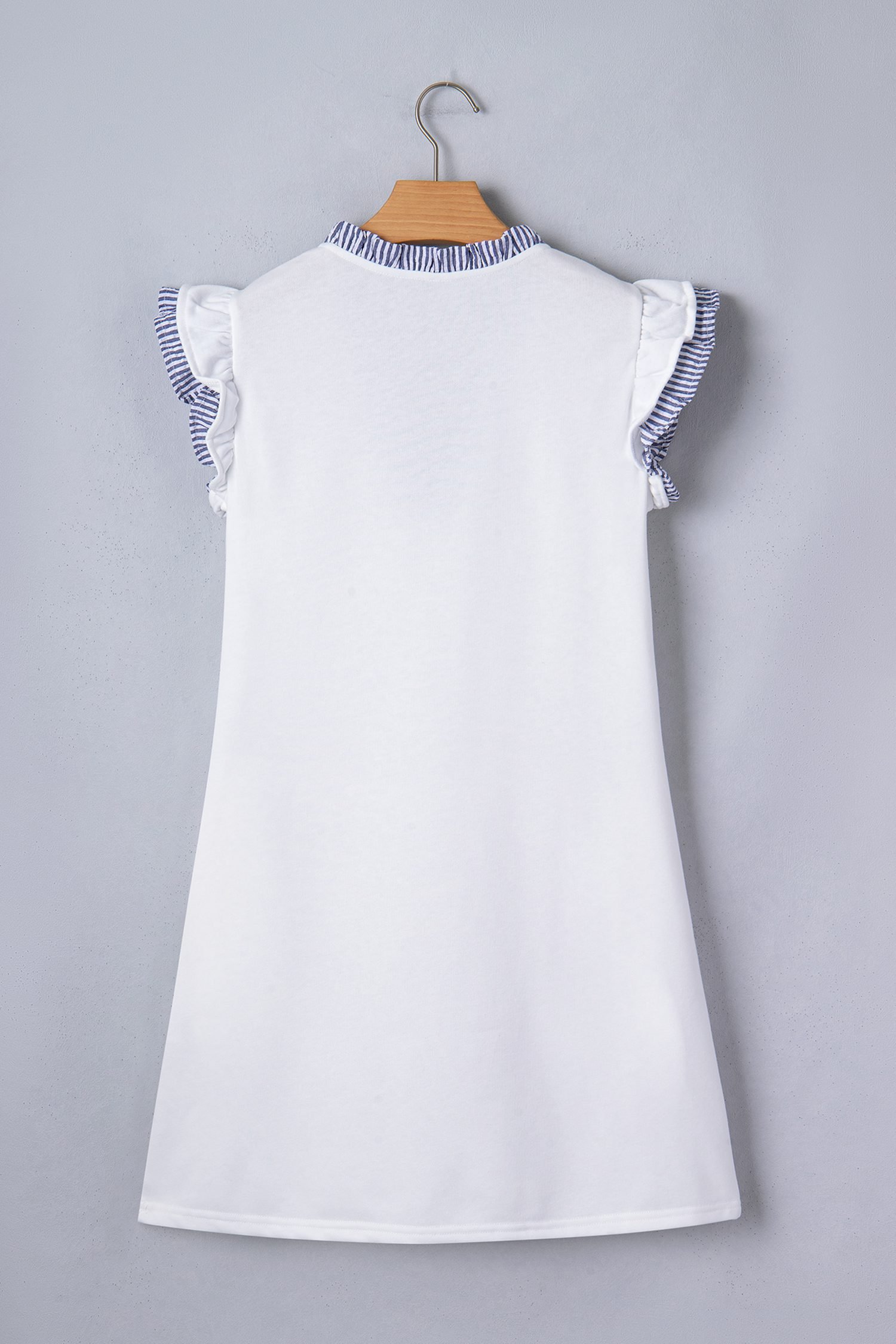 White Contrasted Striped Patchwork Split Neck Ruffle Trim Sleeveless Dress