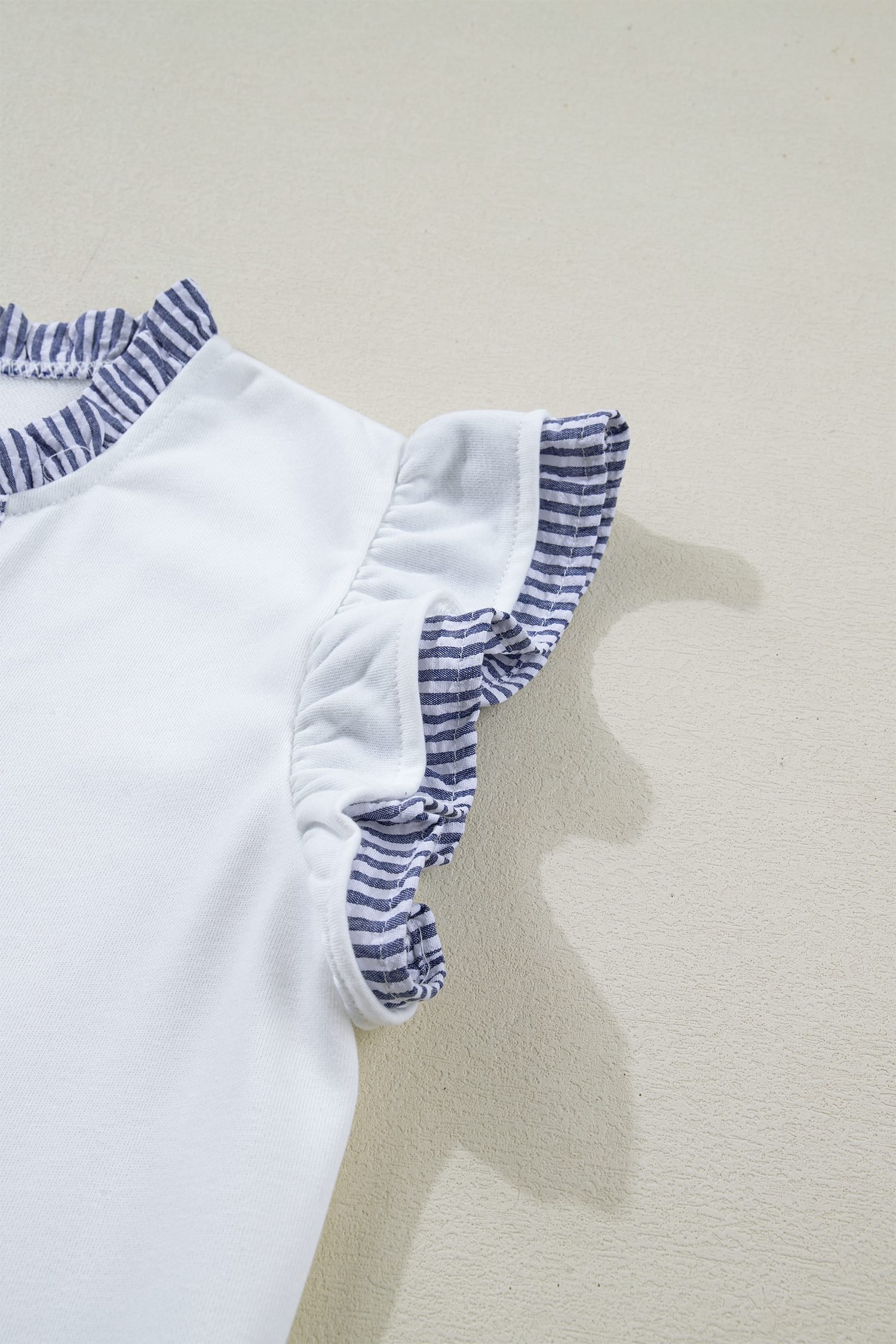 White Contrasted Striped Patchwork Split Neck Ruffle Trim Sleeveless Dress