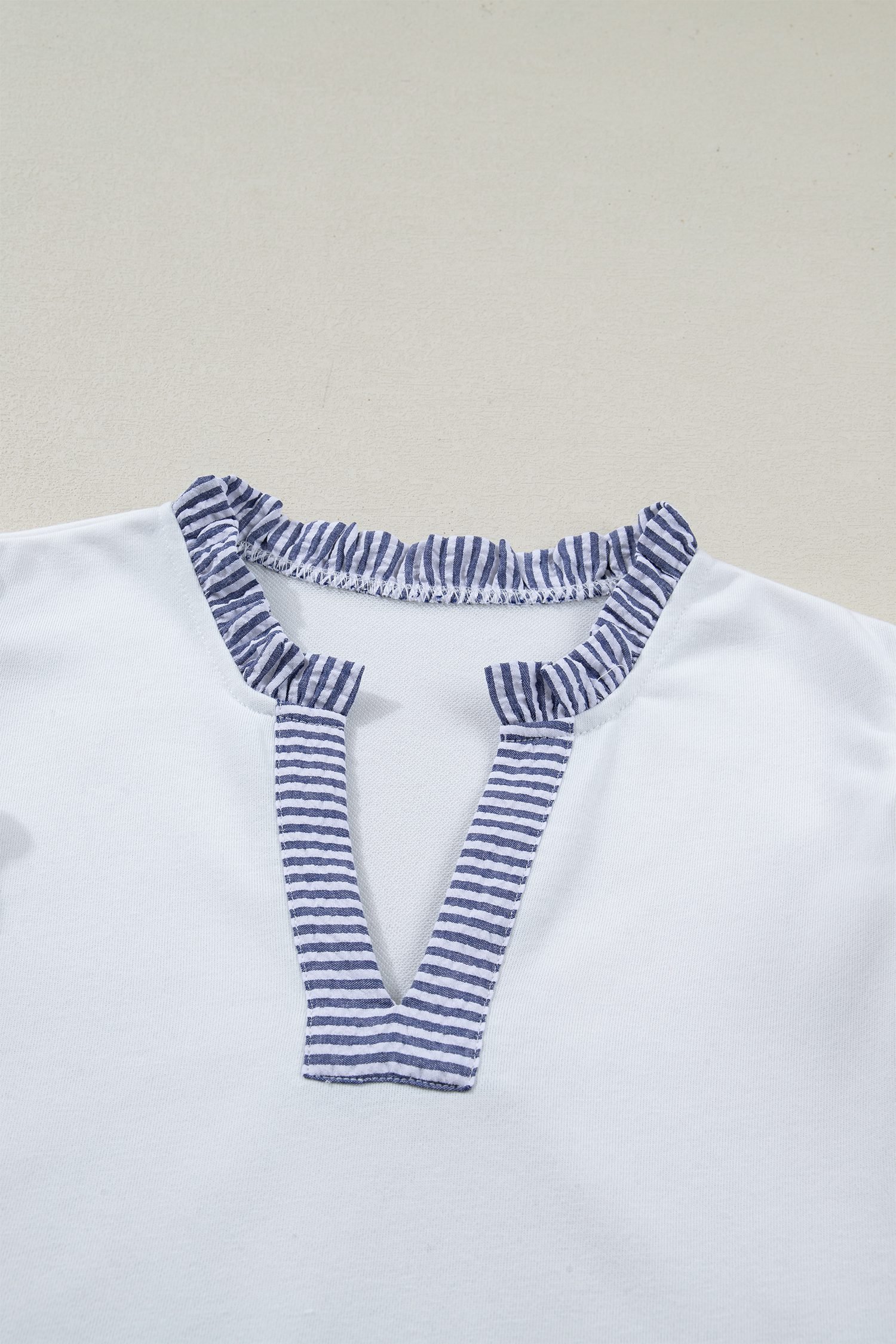 White Contrasted Striped Patchwork Split Neck Ruffle Trim Sleeveless Dress