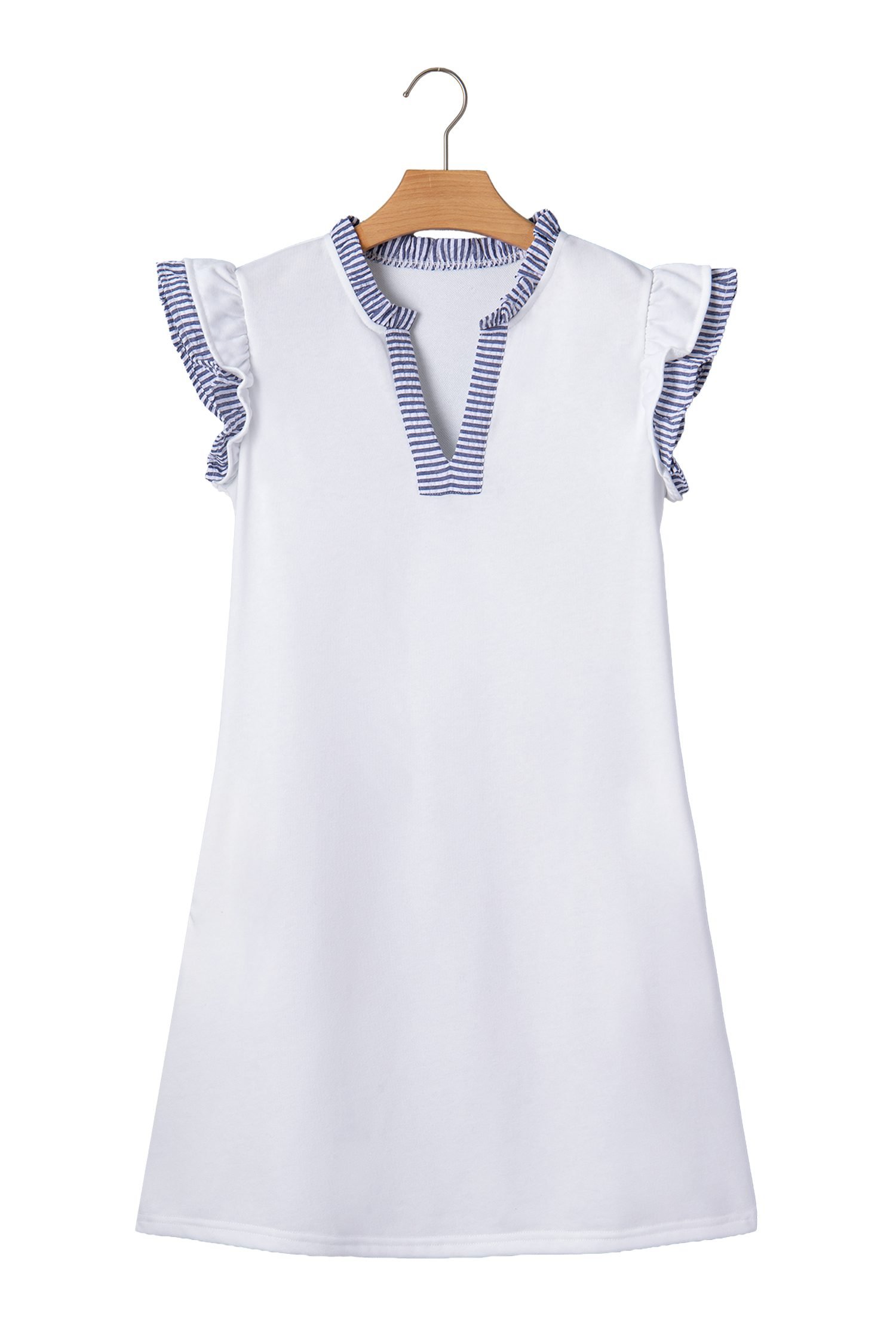 White Contrasted Striped Patchwork Split Neck Ruffle Trim Sleeveless Dress