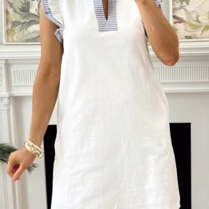 White Contrasted Striped Patchwork Split Neck Ruffle Trim Sleeveless Dress